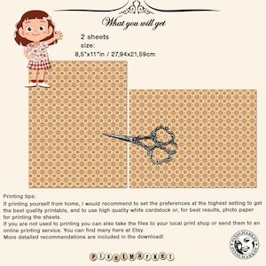 May include: Two printable sheets of digital paper with a geometric pattern in shades of orange and white. The paper measures 8.5 inches by 11 inches. The image includes a pair of scissors and text that reads "What you will get" and "Printing tips".