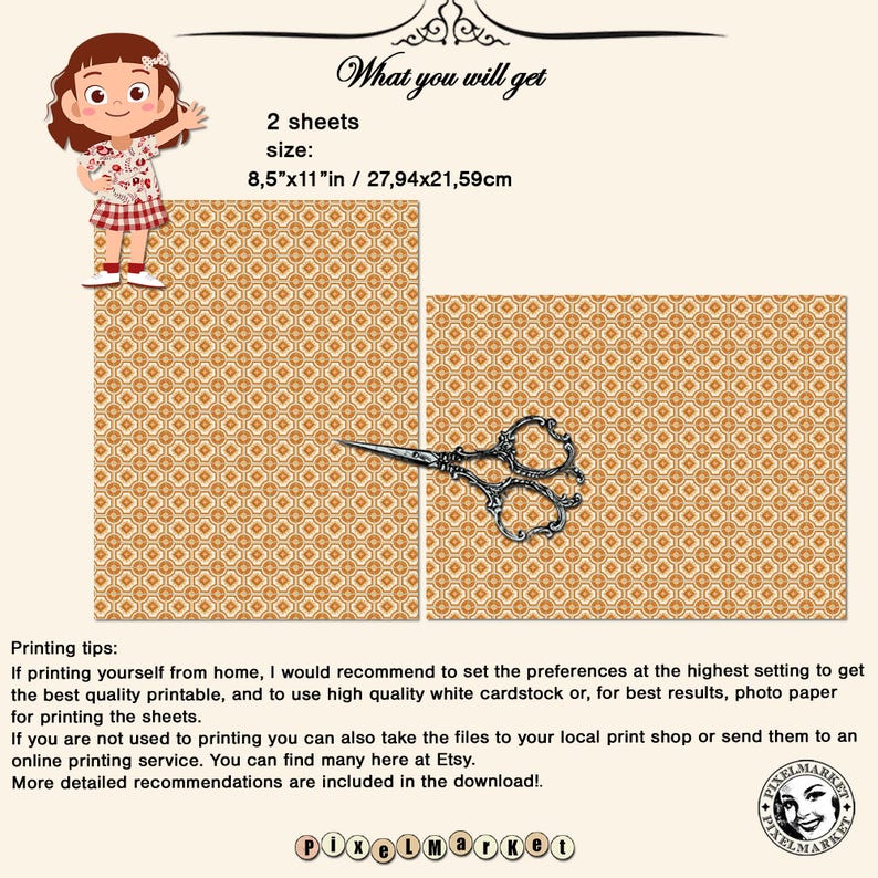 May include: Two printable sheets of digital paper with a geometric pattern in shades of orange and white. The paper measures 8.5 inches by 11 inches. The image includes a pair of scissors and text that reads "What you will get" and "Printing tips".