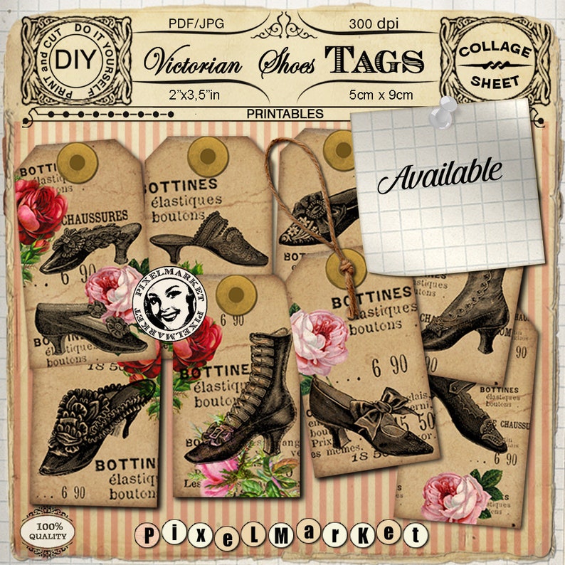 Op de afbeelding: Printbare Victoriaanse schoenetiketten met bloemmotieven. De etiketten zijn beige met zwarte tekst en afbeeldingen van schoenen. De tekst op de etiketten luidt "Bottines elastiques boutons" en "Bottin elastique bouton".