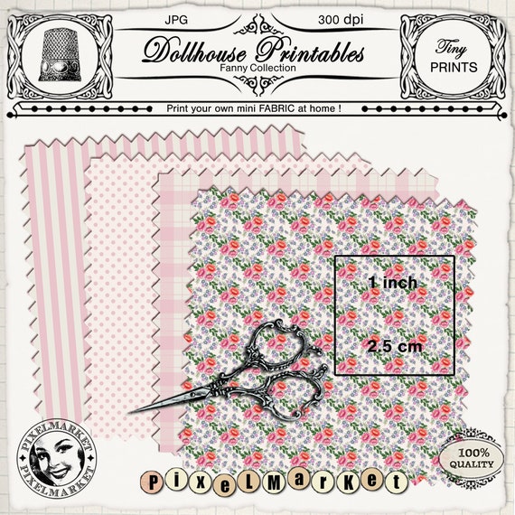 DOLLHOUSE Printable Fabric Sheets Floral Print Pink Plaid Polka Dots Print  Digital Sheet Download for 1/12 or Playscale Miniature Model 