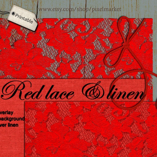 Digital RED LACE Overlay & LINEN Paper Textured Background Diecut for Photographer Scrapbooking Web Blog Design Red Burlap Backdrop Pack 04
