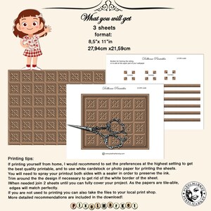 May include: Printable digital download of three sheets of decorative tile patterns. The sheets are 8.5 inches by 11 inches and feature a brown and white geometric design. The image also includes a pair of scissors and text that reads "Dolceanie Printables".