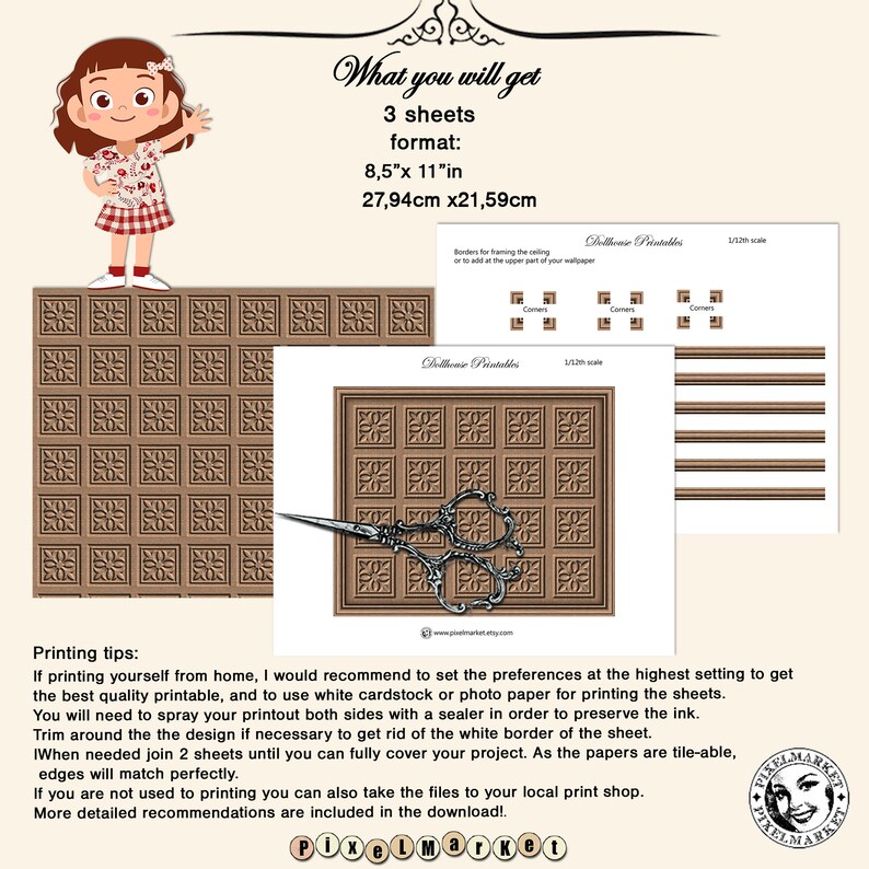 May include: Printable digital download of three sheets of decorative tile patterns. The sheets are 8.5 inches by 11 inches and feature a brown and white geometric design. The image also includes a pair of scissors and text that reads "Dolceanie Printables".
