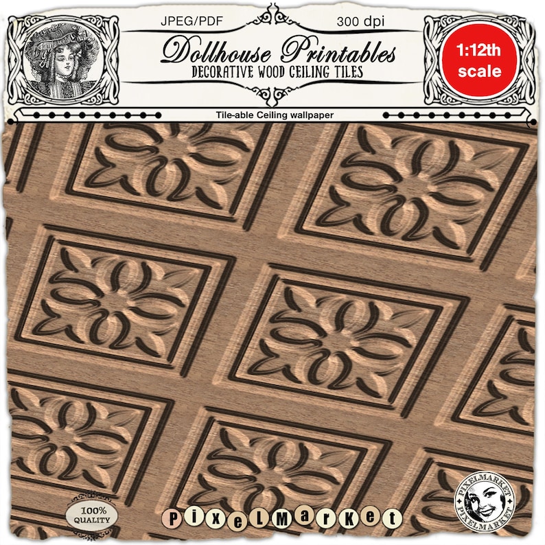 May include: A printable sheet of decorative wood ceiling tiles for dollhouses. The tiles feature a repeating pattern of a stylized flower with a brown and black color scheme. The image includes the text "Dollhouse Printables Decorative Wood Ceiling Tiles" and "Tile-able Ceiling wallpaper".
