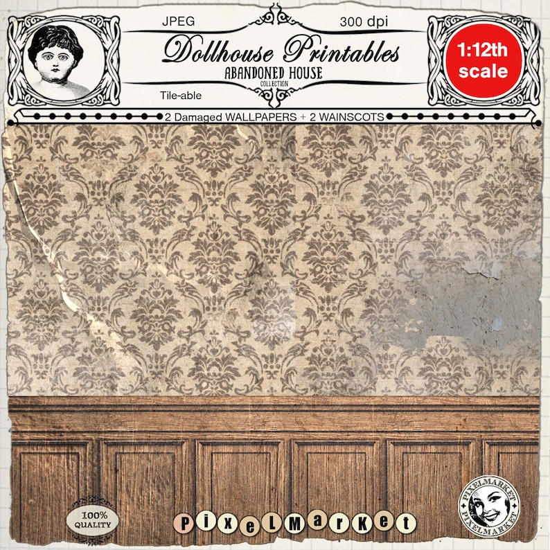 May include: A printable dollhouse wallpaper featuring a distressed, beige and brown damask pattern. The wallpaper is tile-able and is part of an abandoned house collection. The image also includes a wood wainscot.
