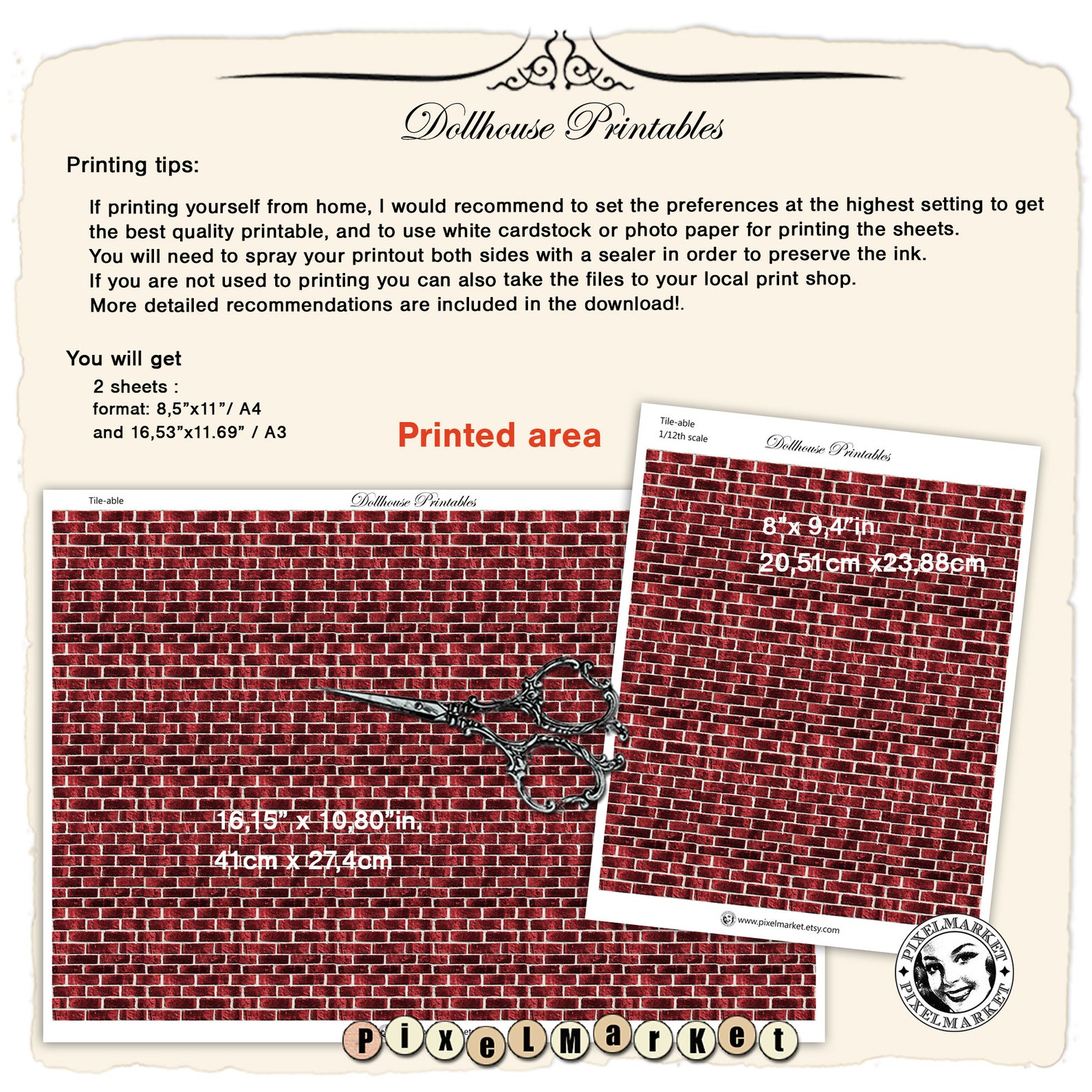 DOLLHOUSE PRINTABLE Wallpaper Red Brick Tiles Digital Sheet - Etsy