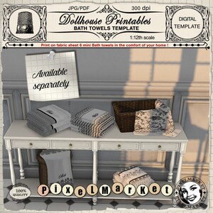 May include: Six miniature bath towels in black and white checkered patterns with the word "Bath" printed on them. The towels are stacked on a white table with a brown wicker basket in the background. The image includes the text "Dollhouse Printables Bath Towels Template 1:12th scale Print on fabric sheet 6 mini Bath towels in the comfort of your home! Available separately 100% QUALITY PIXELMARKET"