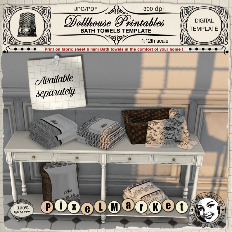 May include: Six miniature bath towels in black and white checkered patterns with the word "Bath" printed on them. The towels are stacked on a white table with a brown wicker basket in the background. The image includes the text "Dollhouse Printables Bath Towels Template 1:12th scale Print on fabric sheet 6 mini Bath towels in the comfort of your home! Available separately 100% QUALITY PIXELMARKET"
