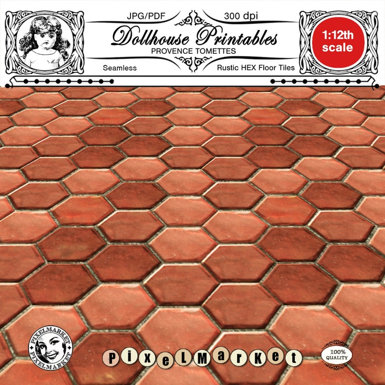 May include: A seamless, printable pattern of red hexagonal floor tiles. The tiles have a rustic, aged look and are perfect for dollhouse projects. The image is labelled "Dollhouse Printables" and "Rustic HEX Floor Tiles".