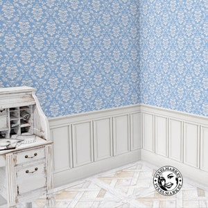 Printable Damask Wallpaper and Paneling Set - Elegant Blue Damask Wall Covering for 1/12 Rococo Decor, Dollhouse, Diorama, Roombox, Booknook image 2