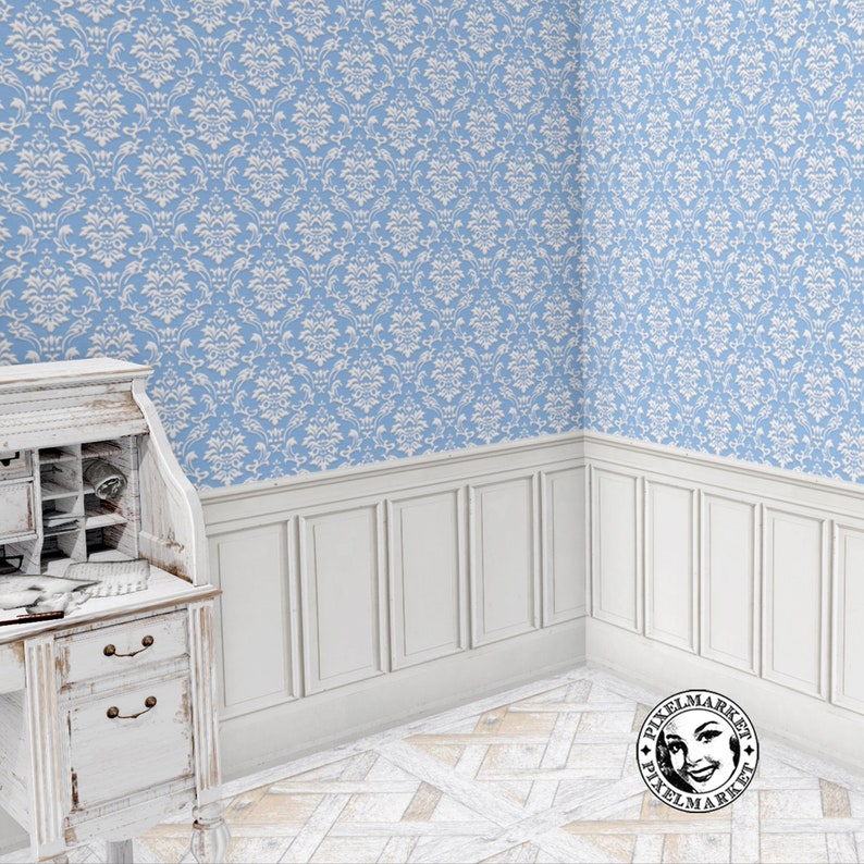 Printable Damask Wallpaper and Paneling Set - Elegant Blue Damask Wall Covering for 1/12 Rococo Decor, Dollhouse, Diorama, Roombox, Booknook image 2