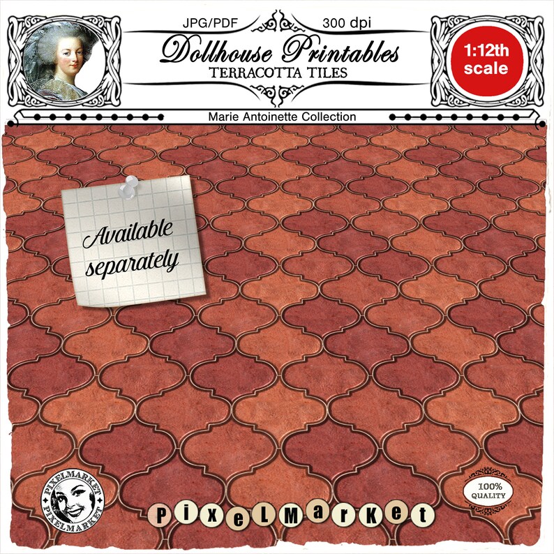 May include: Printable terracotta tiles in a red and orange colour scheme with a repeating pattern of quatrefoils. The tiles are designed for dollhouses and are available separately. The image includes the text "Dollhouse Printables Terracotta Tiles Marie Antoinette Collection 1:12th scale".