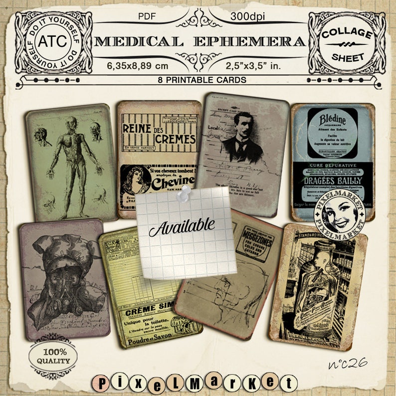 May include: Eight printable cards featuring vintage medical illustrations and advertisements. The cards are 2.5 inches by 3.5 inches and feature images of a human anatomy diagram, a woman with a hair product advertisement, a man in a suit, a bottle of medicine, a man with a beard, a drawing of a head, a man with a bottle of medicine, and a woman with a product advertisement. The cards are printed on a collage sheet.