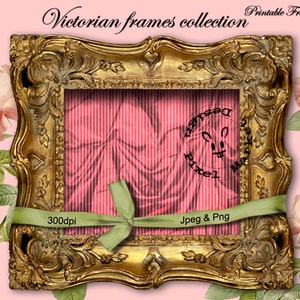 May include: A gold ornate picture frame with a pink and white striped fabric background. The frame is tied with a green ribbon and the text "300dpi" and "Jpeg & Png" are visible. The frame is surrounded by pink roses and green leaves.