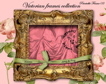 FRAME Clipart VICTORIAN Golden Frame with Pink Drapery Printable Download for Collage Art Scrapbooking Journal Page Web Blog Design Fr22