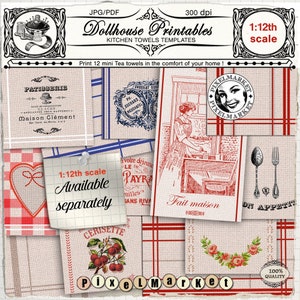 May include: A collage of 12 printable dollhouse kitchen towel designs. The towels feature a variety of patterns, including red and white gingham, blue and white stripes, and floral designs. The towels are all 1:12th scale and are available separately. The text "Dollhouse Printables" and "Kitchen Towels Templates" is at the top of the image. The text "Print 12 mini Tea towels in the comfort of your home!" is in the middle of the image.