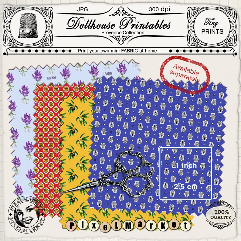 May include: Four printable fabric designs for dollhouses. The designs include lavender flowers, olive branches, and a blue pattern with small white bees. The designs are 1 inch square and are available separately.  The image includes the text "Dollhouse Printables", "Provence Collection", "Tiny Prints", "Available separately", and "100% Quality".