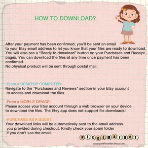 May include: A digital illustration of a cartoon girl with a pink bow in her hair, explaining how to download digital files from Etsy. The text includes instructions for downloading files from a desktop computer, mobile device, and as a guest.