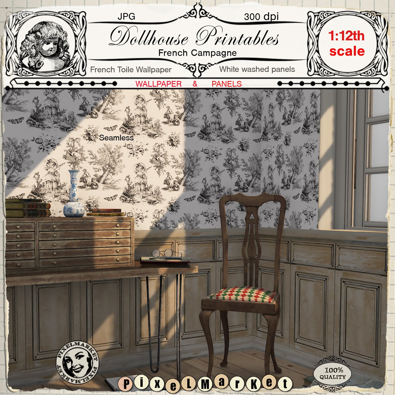 DOLLHOUSE Miniature WALLPAPER Printable B&W French Toile With - Etsy
