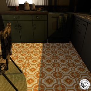 May include: A vintage kitchen with green cabinets, a brown countertop, and a patterned tile floor. The floor is a mix of orange, white, and brown tiles.