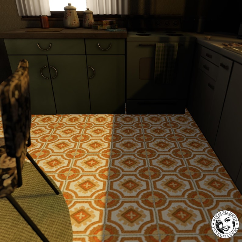 May include: A vintage kitchen with green cabinets, a brown countertop, and a patterned tile floor. The floor is a mix of orange, white, and brown tiles.