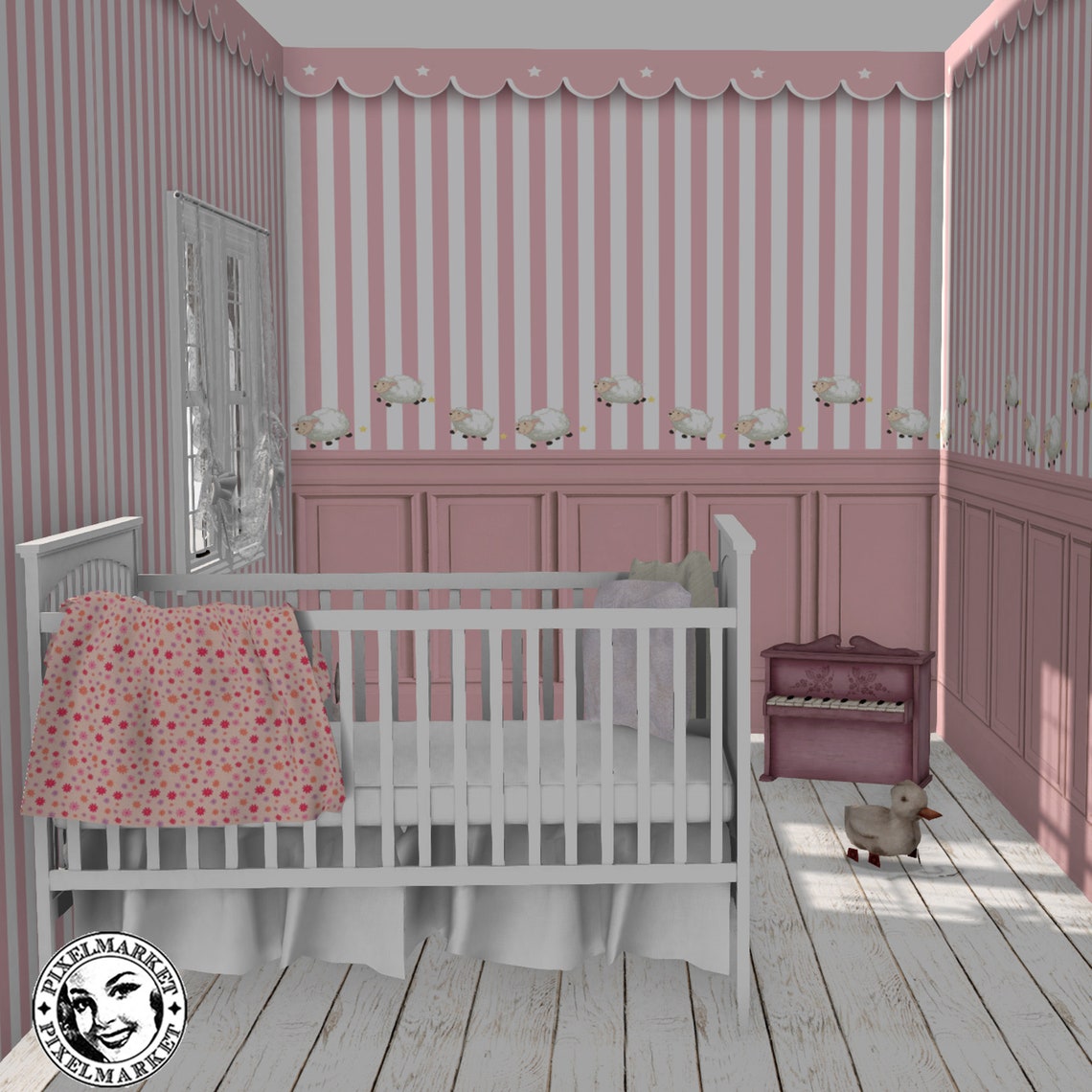 DOLLHOUSE printable NURSERY wallpaper with border and wainscot | Etsy