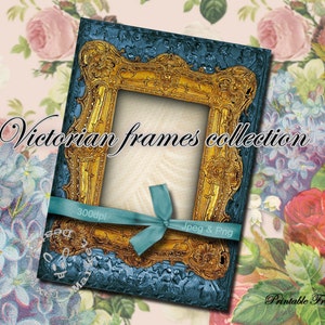 CADRE VICTORIEN Doré Bleu pour Scrapbooking Digital Art Mixed Media Collage Fond pour Photographe Telechargement Immediat Fr27