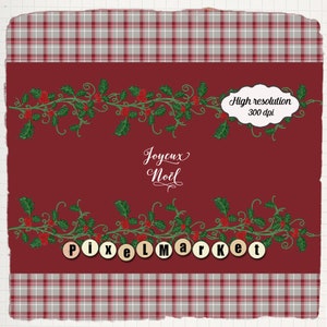May include: A red background with a green holly garland with red berries. The text "Joyeux Noel" is written in white cursive script. The text "PixelMarket" is written in white letters on a series of beige circles. The text "High resolution 300 dpi" is written in white on a white cloud shape.