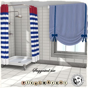 May include: A bathroom with white tile walls and a shower stall with blue and white striped shower curtains. The shower stall has a white shower head and a white shower pan. The bathroom also has a window with a blue and white striped valance. The text "PixelMarket" is visible in the image.