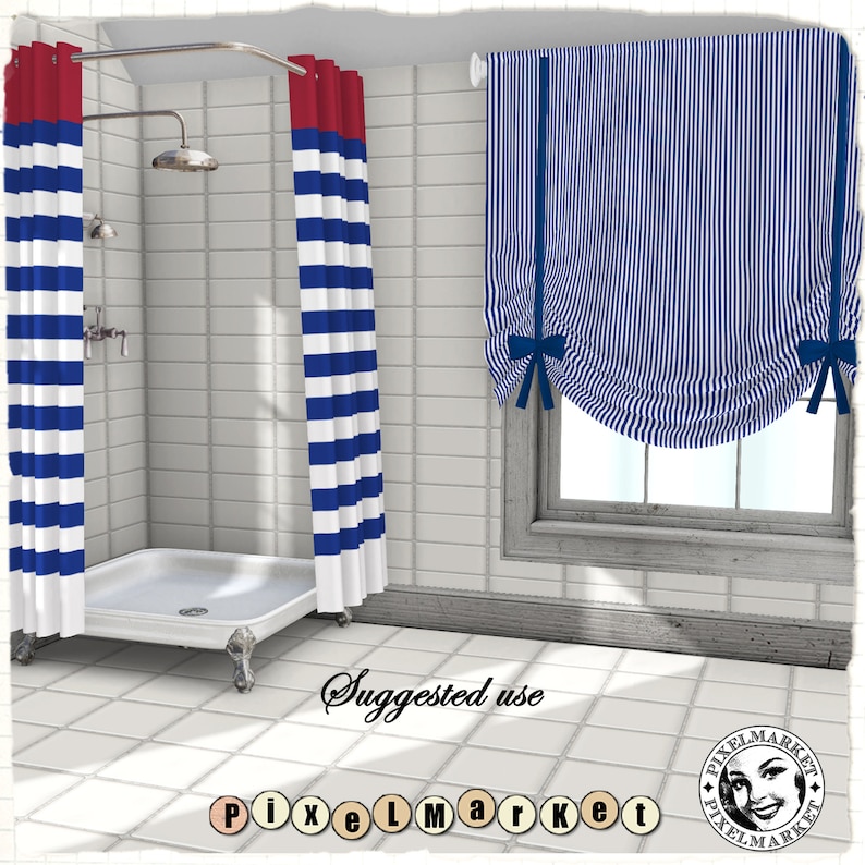 May include: A bathroom with white tile walls and a shower stall with blue and white striped shower curtains. The shower stall has a white shower head and a white shower pan. The bathroom also has a window with a blue and white striped valance. The text "PixelMarket" is visible in the image.