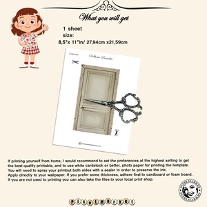 May include: A printable sheet of a white door with a distressed look. The sheet is 8.5 inches by 11 inches and is 1/20th scale. The image also includes a pair of silver scissors.