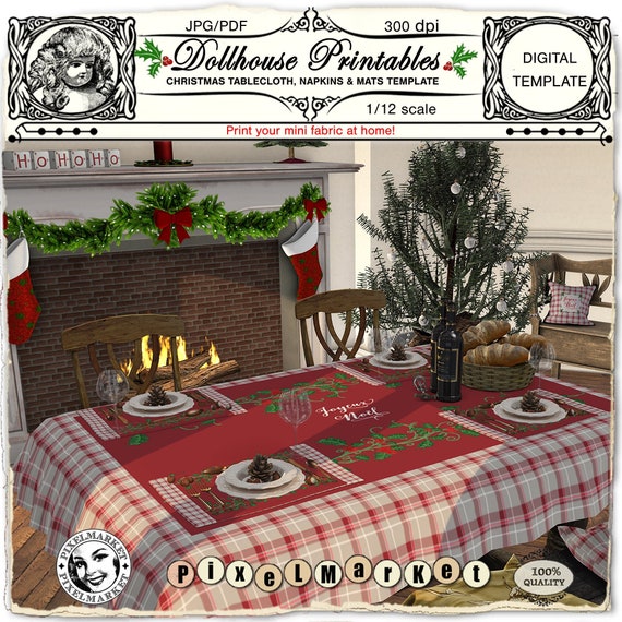 Dollhouse PRINTABLE FABRIC 1:12th miniature Christmas Tablecloth Placemats & Napkins Digital TEMPLATE Iron On for doll house diorama roombox