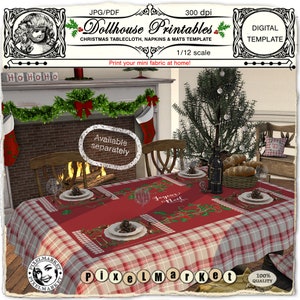 May include: A red and white plaid tablecloth with a red embroidered Christmas design. The tablecloth is set for a dollhouse dinner with placemats, plates, and silverware. The design includes the words "Joyeux Noel".