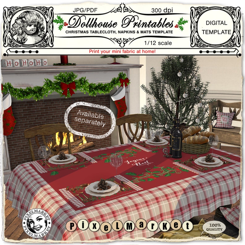 May include: A red and white plaid tablecloth with a red embroidered Christmas design. The tablecloth is set for a dollhouse dinner with placemats, plates, and silverware. The design includes the words "Joyeux Noel".