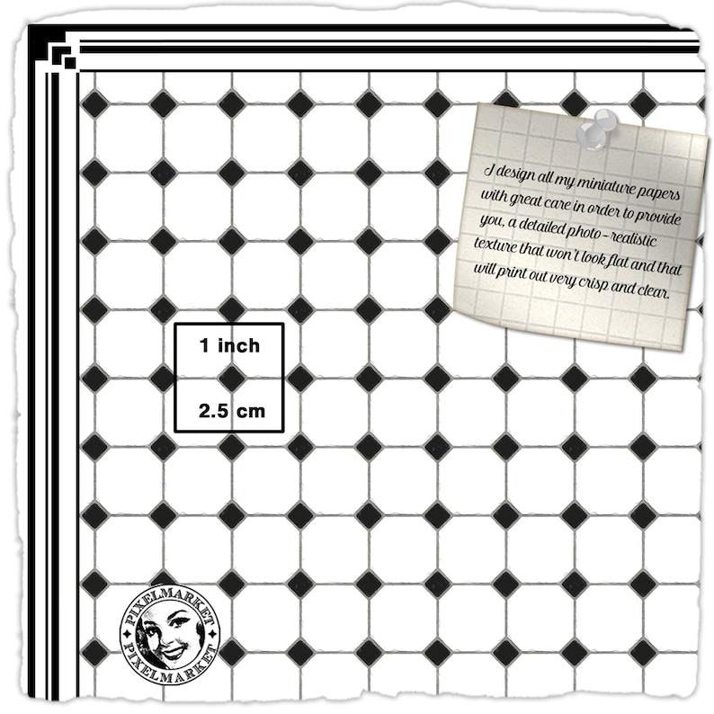 DOLLHOUSE Flooring ART DECO Bathroom 1/12 scale Black & White Floor tiles Printable download Digital sheet for Diorama Roombox image 6
