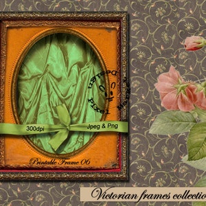 VICTORIAN Oval FRAME Clipart with Green Satin Drapery Background for Collage Art Altered Art Scrapbooking Journal Page Web Design Drape Fr25