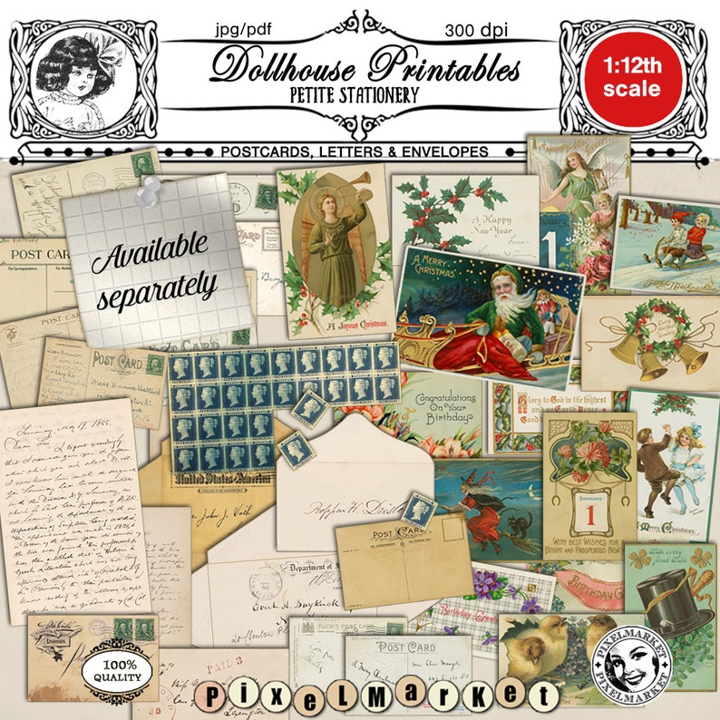 Dollhouse PRINTABLE FABRIC 1:12th miniature Christmas Tablecloth Placemats & Napkins Digital TEMPLATE Iron On for doll house diorama roombox image 9