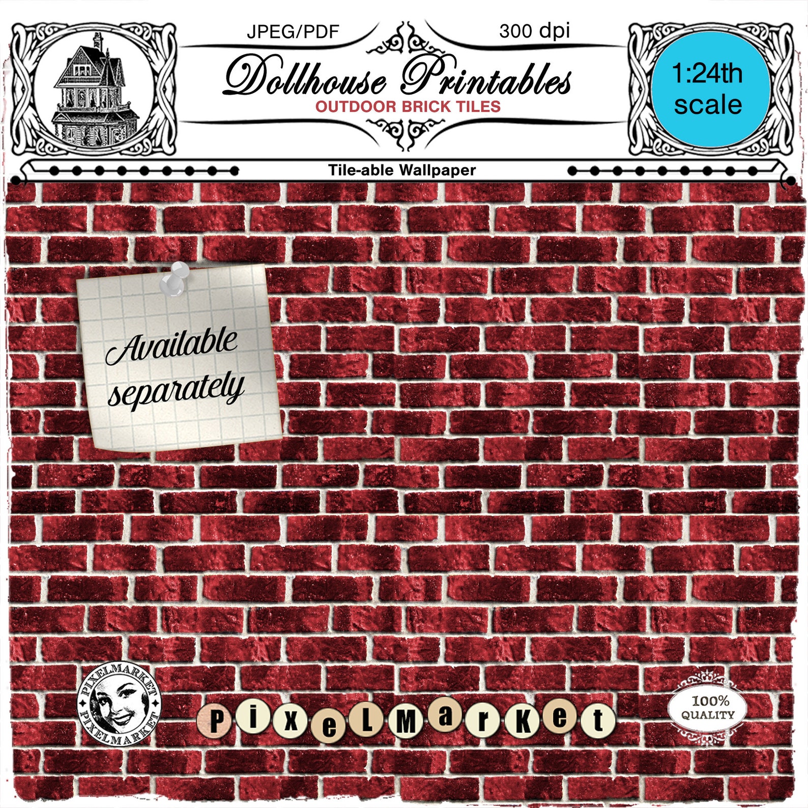 DOLLHOUSE PRINTABLE Wallpaper Red Brick Tiles Digital Sheet | Etsy