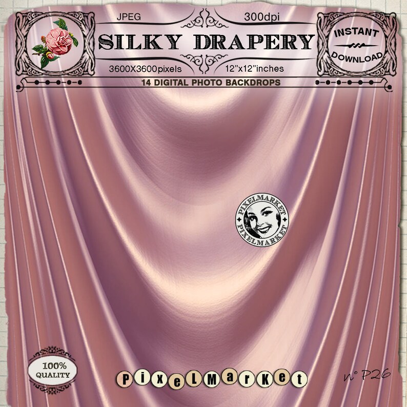 May include: Digital photo backdrop with a silky, draped fabric in mauve and cream tones. The image includes text that reads "SILKY DRAPERY" and "12"x12" inches" (30.48cm x 30.48cm). The backdrop is labeled as "14 DIGITAL PHOTO BACKDROPS" and includes the "PIXELMARKET" logo.