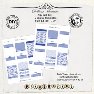 May include: Printable digital templates for dollhouse miniatures. Two sheets of blue and white patterned bath towels, each measuring 2.36 inches by 3.93 inches. The sheets are designed to be printed on 8.5 by 11 inch paper.