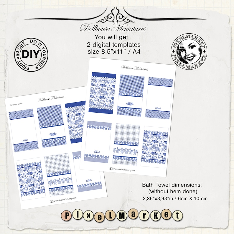May include: Printable digital templates for dollhouse miniatures. Two sheets of blue and white patterned bath towels, each measuring 2.36 inches by 3.93 inches. The sheets are designed to be printed on 8.5 by 11 inch paper.