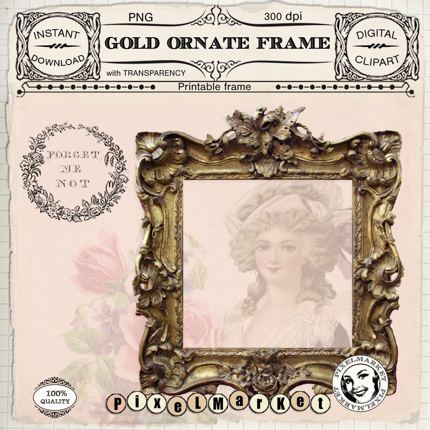 Vintage Gold Frame, Scrapbook, Journal Graphic by paperart.bymc