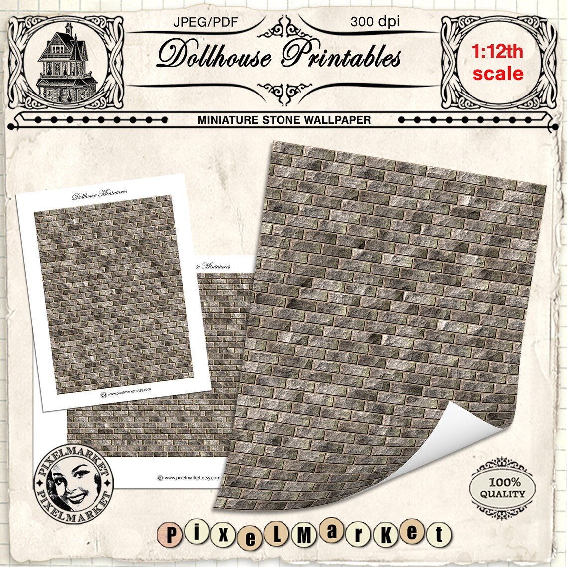 DOLLHOUSE PRINTABLE Wallpaper Old Stone Wall 1 12th Scale - Etsy