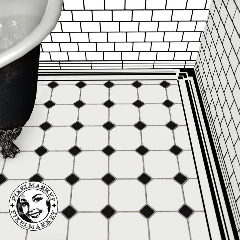DOLLHOUSE Flooring ART DECO Bathroom 1/12 scale Black & White Floor tiles Printable download Digital sheet for Diorama Roombox image 4