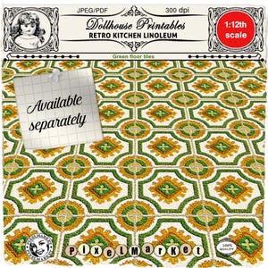 May include: Green and yellow retro kitchen linoleum tile printable for dollhouses. The printable is 1:12th scale and is available separately. The image shows a close-up of the tile pattern.