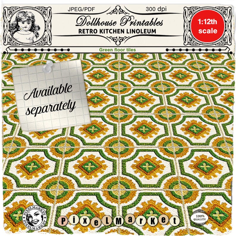 May include: Green and yellow retro kitchen linoleum tile printable for dollhouses. The printable is 1:12th scale and is available separately. The image shows a close-up of the tile pattern.