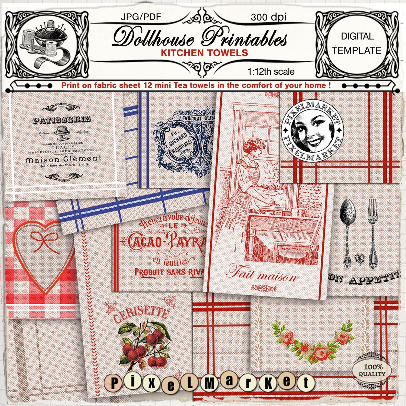 Dollhouse PRINTABLES 12 French Tea Towels Miniature Windowpane | Etsy