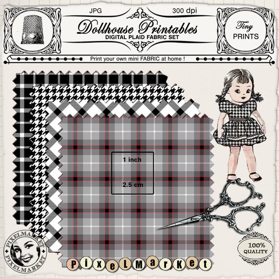 Dollhouse miniature PLAID FABRIC prints set Printable sheets Tartan Plaid Houndstooth Quilt fabrics sheets download for tiny models
