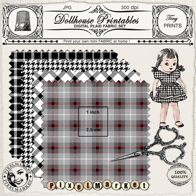 May include: Printable digital plaid fabric set for dollhouses. The set includes three different patterns: black and white plaid, black and white houndstooth, and a gray plaid with red and black stripes. The fabric is 1 inch (2.5 cm) square.