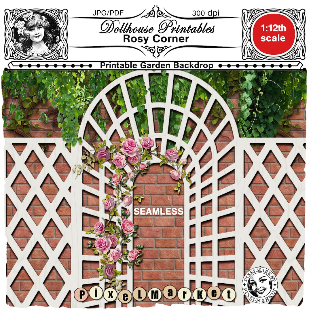 Dollhouse Miniature Garden Backdrop Printable BRICK WALL With Roses ...